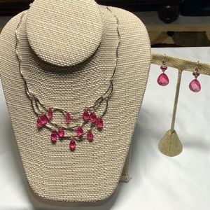 Necklace and earring set Pink Fuchsia Silver